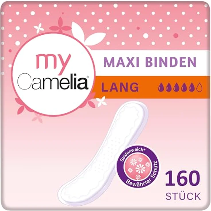 Camelia Maxi Binden Lang, 16 x 10 (160 Stück), hohe Saugfähigkeit, selbstklebend, seidenweich, hygienisch verpackt – Bild 1
