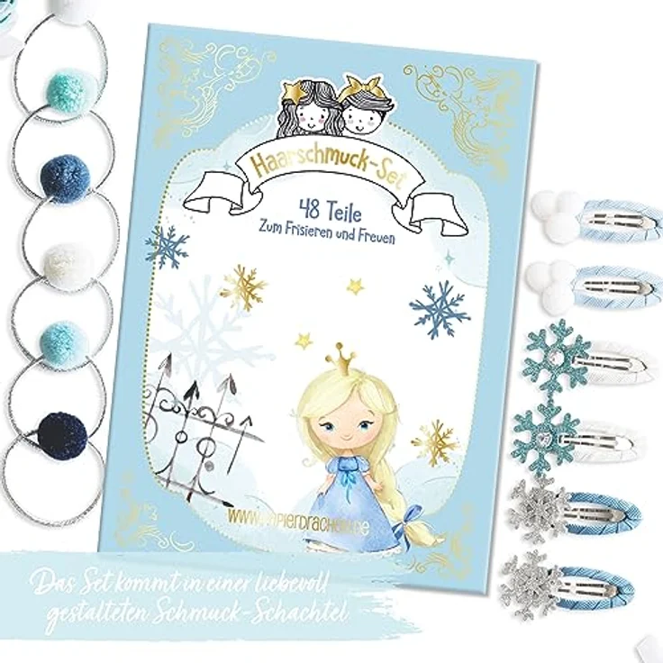 Papierdrachen Haarschmuck *Schneeprinzessin*, 48 Haarspangen und Haargummis mit Glitzer und Stoffbezug, langlebig und robust, für lange und feine Haare – Bild 2