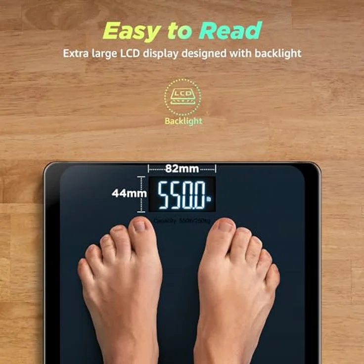 RunSTAR Digitale Personenwaage, hochpräzise Sensoren, Tragkraft bis 250 kg, 8 mm Sicherheitsglas, extragroße Trittfläche, großes LCD-Display, Step-on-Technologie, blau-schwarz – Bild 3