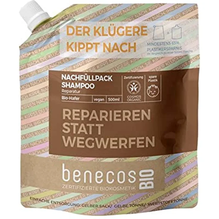 benecosBIO Nachfüllbeutel Shampoo für normales Haar, Bio-Hafer mit Olivenöl und Traubenkernöl, reparierend, vegan, recyceltes Plastik, 500 ml