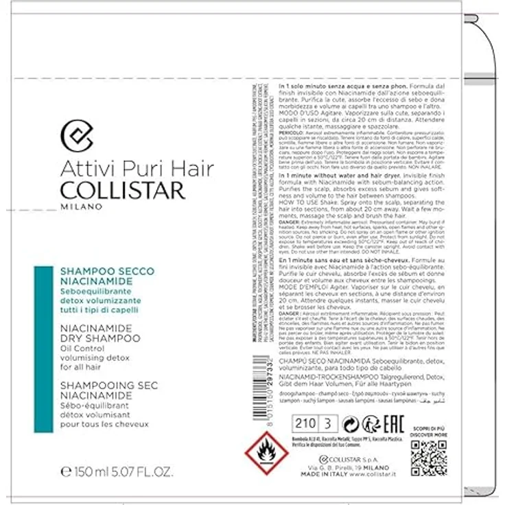Collistar Aktive Pure Hair Trockenshampoo Niacinamid, Balancing, leichte Formel, 250 ml – Bild 3