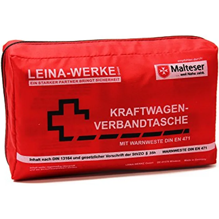 Leina-Werke 11028 KFZ-Verbandtasche Compact mit Warnweste und Klett, Rot/Schwarz/Weiß