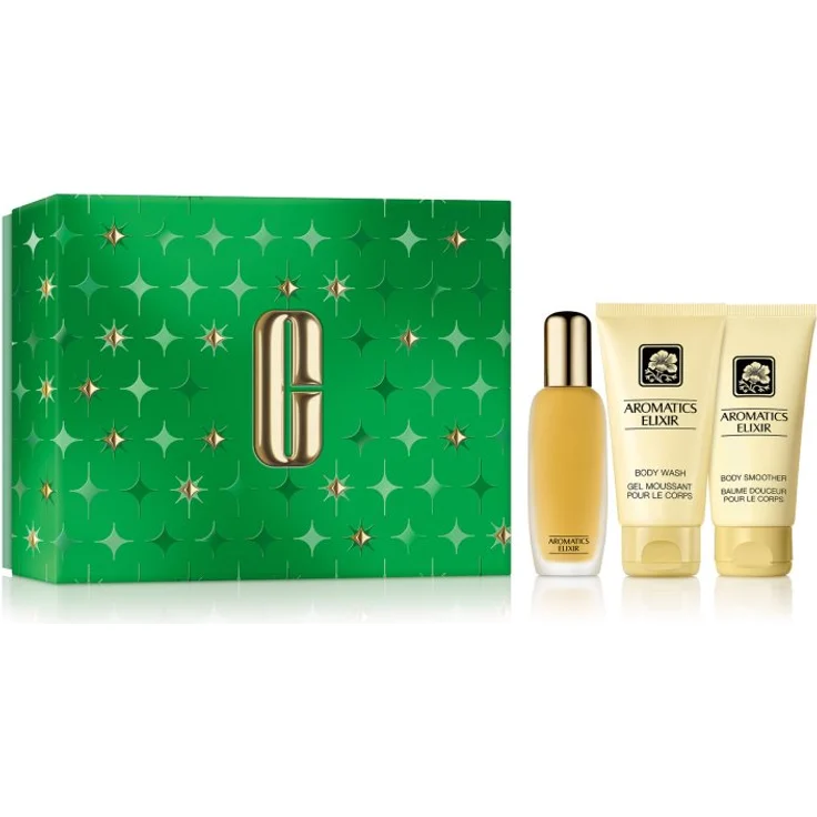 Clinique Holiday Aromatics Elixir Essentials, Weihnachtsgeschenk-Set mit Eau de Parfum 45 ml, Body Wash 75 g und Bodylotion 75 g für Damen