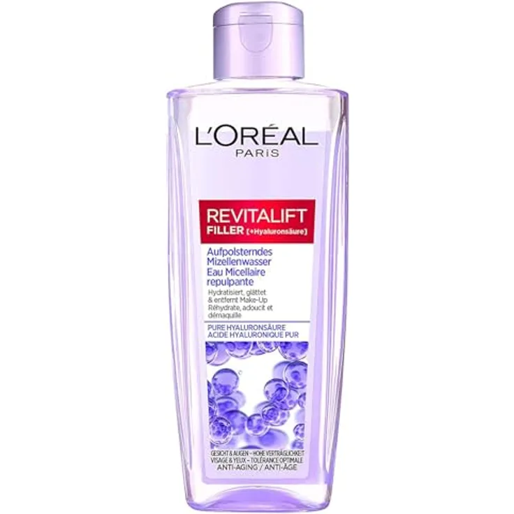 L'Oréal Paris Aufpolsterndes Hyaluron Mizellenwasser, Anti Aging Gesichtsreinigung, Reinigung mit purer Hyaluronsäure, Make up Entferner, Revitalift Filler, 200 ml
