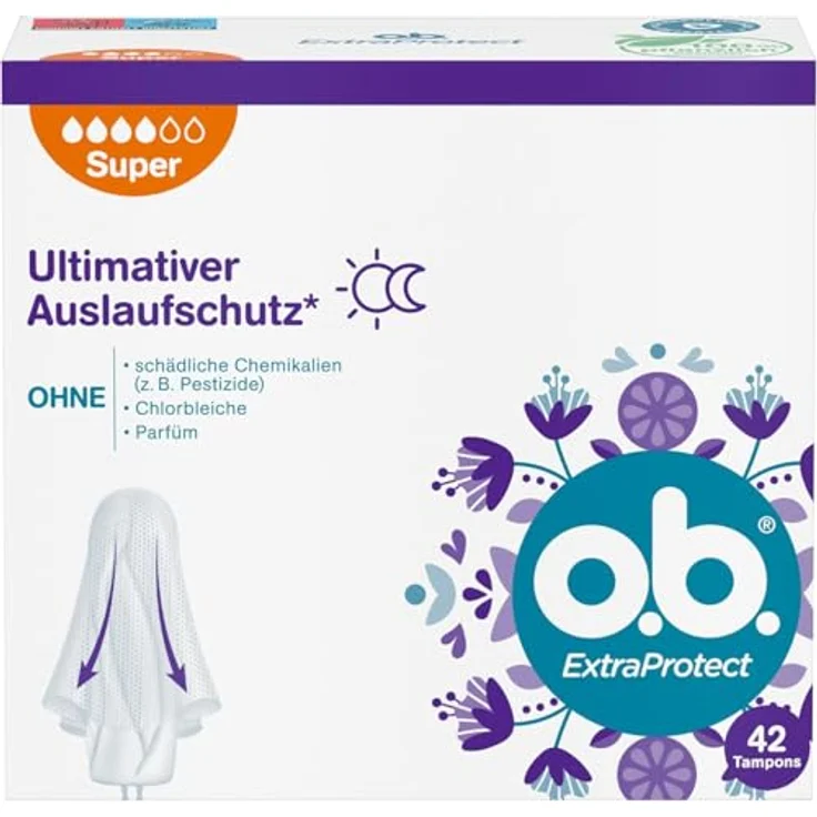 o.b. ExtraProtect Tampons Super, mit extra Schutzflügeln und Dynamic Fit Technologie für ultimativen Auslaufschutz – Bild 1