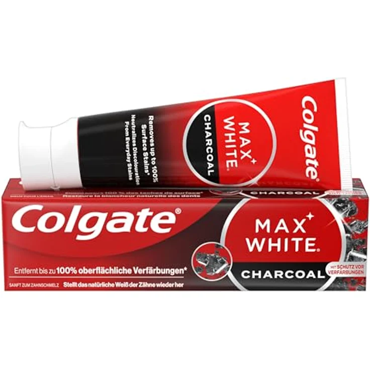 Colgate Max White Charcoal, Zahnpasta mit Aktivkohle zur Entfernung von 100% oberflächlicher Verfärbungen, 4x75ml – Bild 2