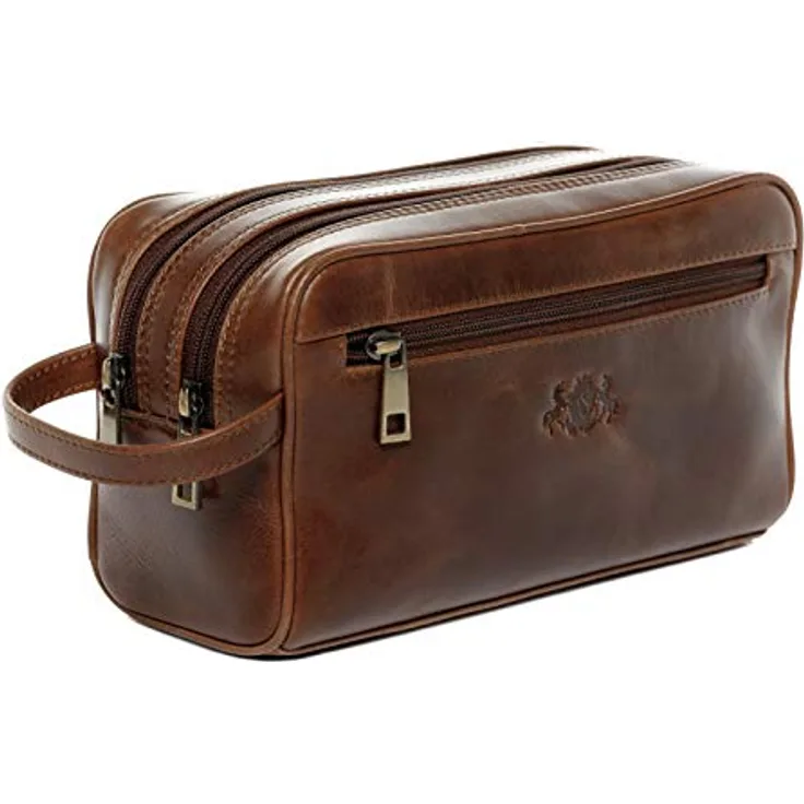 SID & VAIN große Kulturtasche Herren echt Leder - Waschtasche GATWICK - Kulturbeutel Herrentasche braun handgefertigt - veganes Vachetta Leder - langlebig
