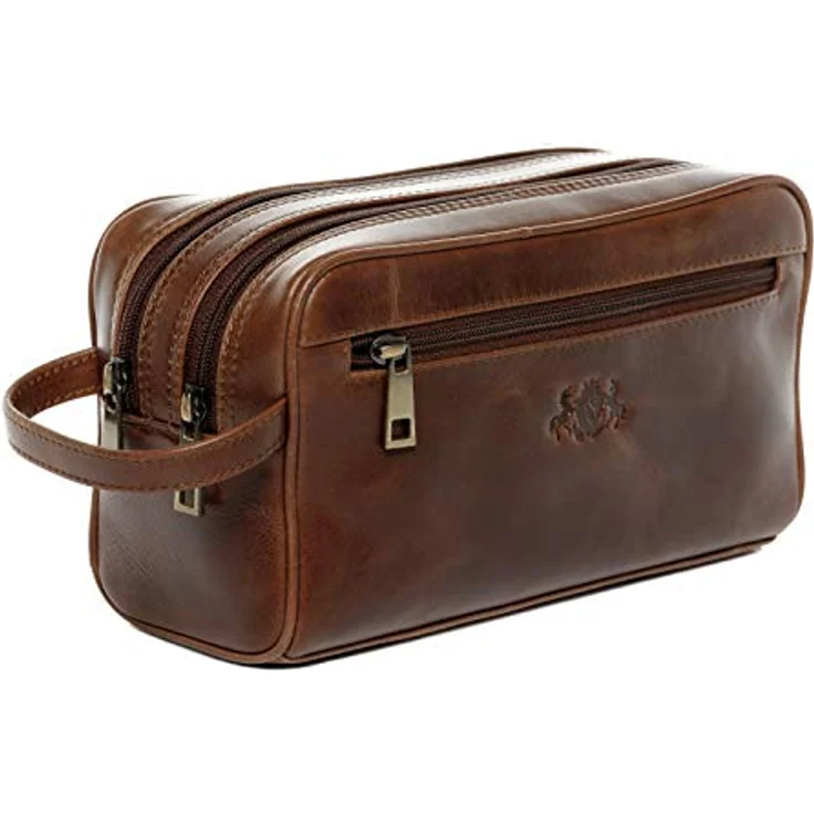 SID & VAIN große Kulturtasche Herren echt Leder - Waschtasche GATWICK - Kulturbeutel Herrentasche braun handgefertigt - veganes Vachetta Leder - langlebig – Bild 1