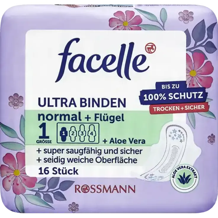 Facelle Ultra Binden Normal mit Flügeln, 16 Stück – sicherer Schutz, hautfreundlich, einzeln verpackt für unterwegs