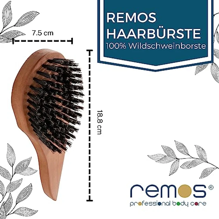 remos professional body care REMOS Natur Haarbürste aus 100% Wildschweinborste, ergonomischer Griff aus Birnbaumholz, plastikfrei, Made in Germany – Bild 5
