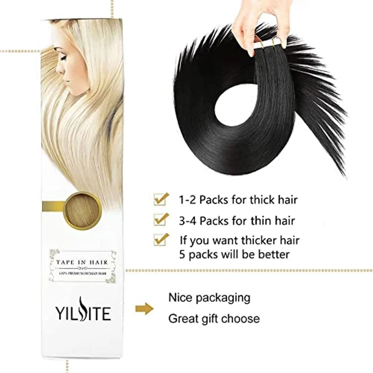 YILITE Tape Extensions Echthaar, 35cm Jet Black, 20 Stück/Packung, 40g, seidig gerade, wiederverwendbar, Skin Weft – Bild 4