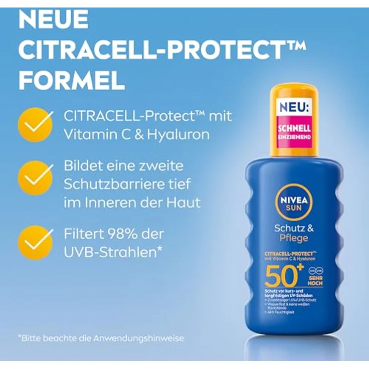 NIVEA SUN Schutz & Pflege Sonnenspray LSF 50+, wasserfest mit Vitamin C & Hyaluron, schnell einziehend, 48h Feuchtigkeit, 200 ml – Bild 3