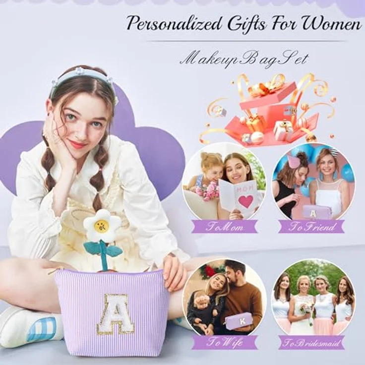 Parima Kosmetiktasche Damen, personalisierte lila Make-up-Tasche mit Buchstaben T, 2 Größen, ideal für Frauen und Mädchen – Bild 3
