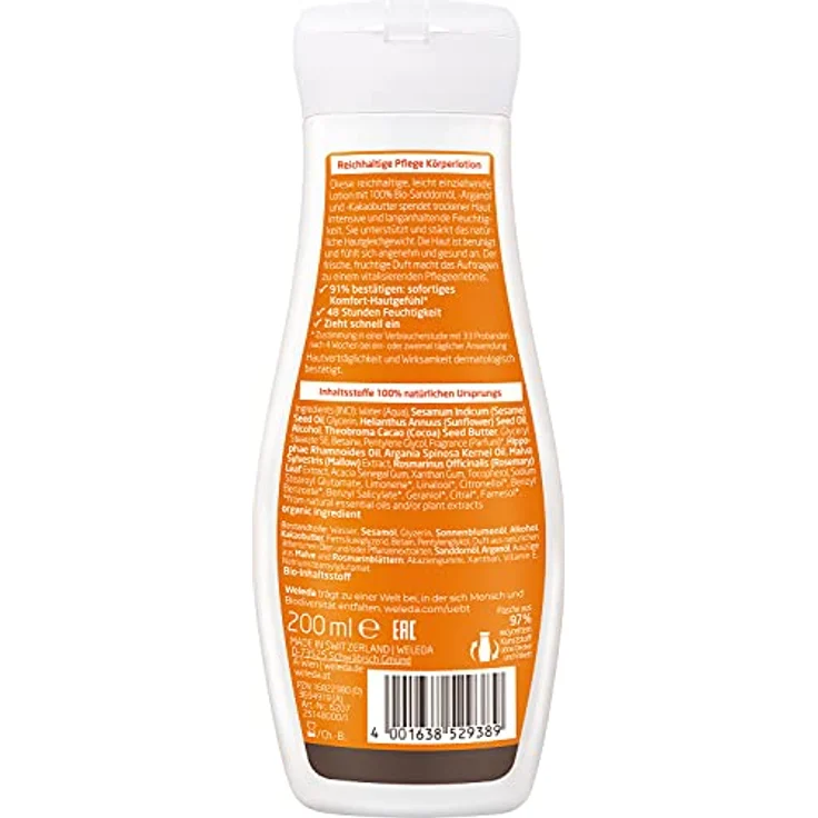 WELEDA Bio Bodylotion Sanddorn Reichhaltige Pflege – Vitalisierende Naturkosmetik Körperlotion spendet bis zu 48h intensive Feuchtigkeit. Körpercreme zur schnellen Pflege von trockener Haut (1x 200ml) – Bild 2
