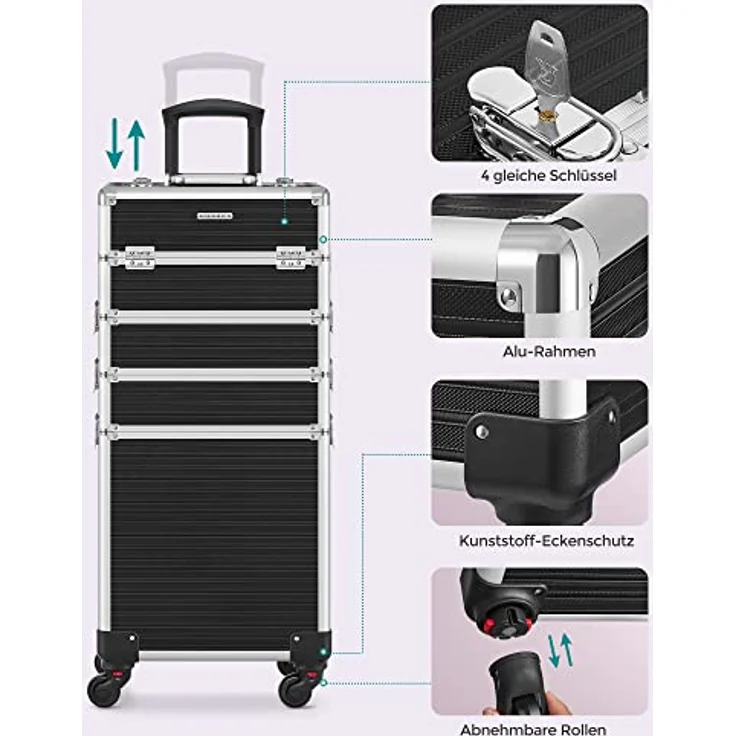SONGMICS Kosmetikkoffer, Trolley, 4-in-1 Schminkkoffer, extra groß, abschließbar, 360° drehbare Rollen, schwarz – Bild 4