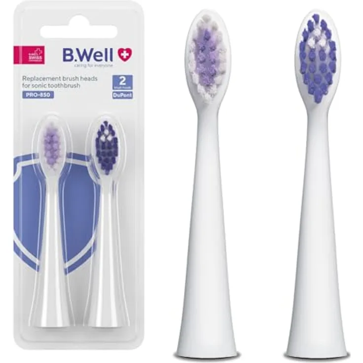 B.Well Pro-850, Zahnbürstenkopf, 2er Set mit mittlerer Steifigkeit und oszillierender Schallbewegung, Weiss