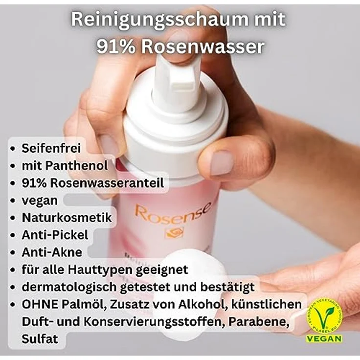 Rosense Reinigungsschaum – feuchtigkeitsspendende Gesichtsreinigung mit 91% natürlichem Rosenwasser vegan - 150 ml – Bild 2