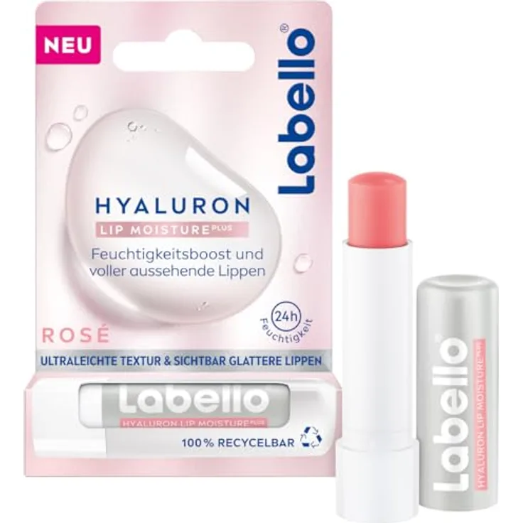 Labello Hyaluron Lip Moisture Plus Rosé, Lippenpflegestift mit Hyaluronsäure und Menthol, 24h Feuchtigkeit, für rosige Lippen, 5,2 ml