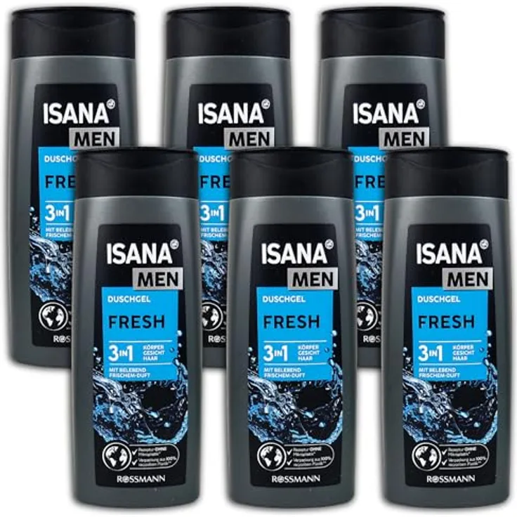 ISANA MED 6er Pack ISANA MEN 3in1 Duschgel Fresh 6 x 300ml Showergel, optimale Erfrischung und Pflege der Männerhaut