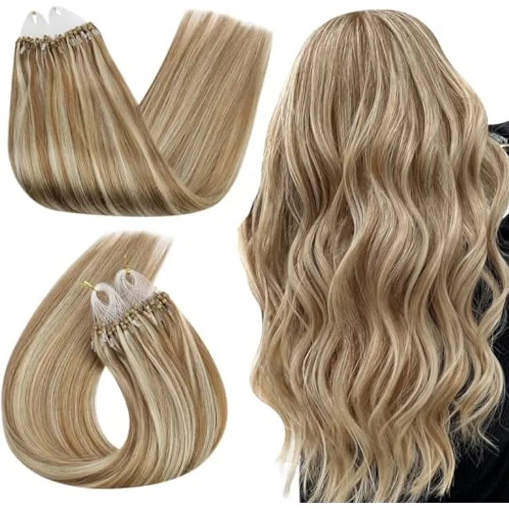 Ugeat Micro Ring Extensions Echthaar Blond Gesträhnt, 55 cm, 50 Strähnen, hitzebeständig bis 180°C, #P10/613