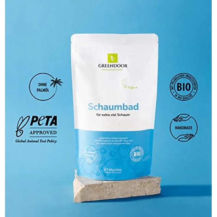 GREENDOOR Bio Schaumbad 500g Pulver Konzentrat mit Bio Jojobaöl und Meersalz, extra mild, für samtweiche Haut, sanfter Duft - Naturkosmetik für Frauen Männer Kinder – Bild 2