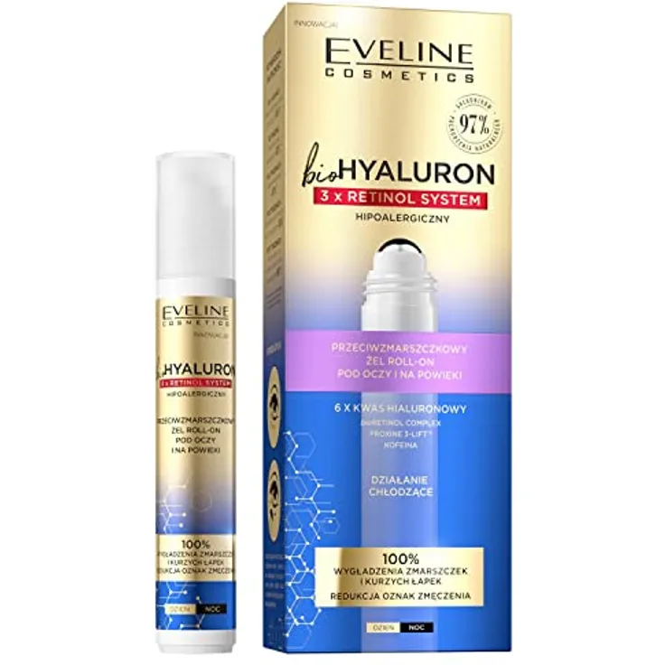 EVELINE COSMETICS Biohyaluron 3x Retinol System Anti-Falten-Roll-On-Gel für die Augenlider Reduziert Krähenfüße Vegane Formel 97% Natürliche Zusammensetzung Nacht 15 ml