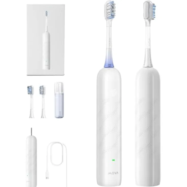 Mova Fresh SweepDrive elektrische Zahnbürste, wiederaufladbar mit Typ-C-Ladung, intuitivem Drucksensor und 3-in-1-Ersatzbürstenkopf, weiß