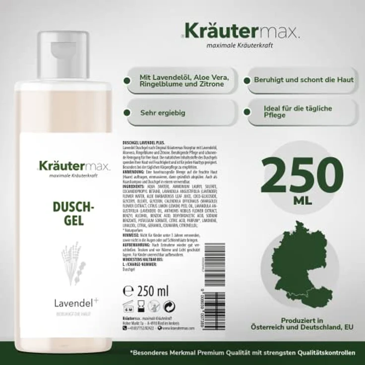 Kräutermax. Lavendel Duschgel mit Öl zur Entspannung auch als Seife und Shampoo, 250 ml – Bild 4