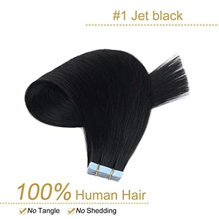 YILITE Tape in Extensions Echthaar 50cm #1 Pechschwarz, Seidig Gerade, Nahtlos, 50g, 20 Stück/Packung – Bild 2