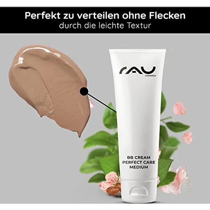 Silikonölfreie BB Cream Medium SPF12 alle Hauttypen auch für sensible Haut 75 ml - Make-Up, Pflege, UV-Schutz, Glow - Getönte Tagescreme mit Zink, Vitamin E, Mandelöl, Pantheno LSF12 - RAU Cosmetics – Bild 2