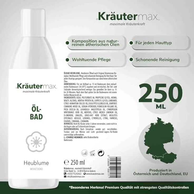 Kräutermax Heublumen Bad Öl, Ölbad mit 100% naturreinen ätherischen Ölen, 250 ml – Bild 4