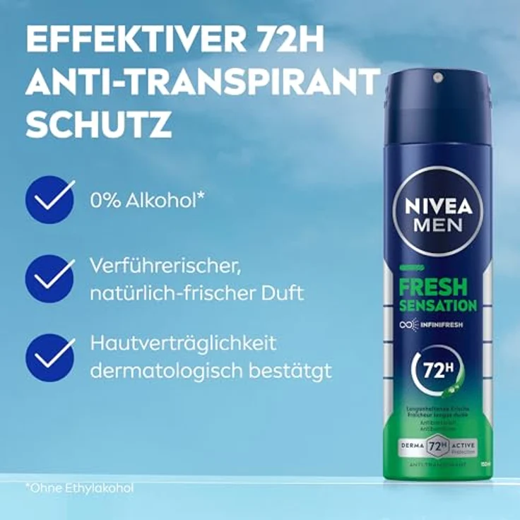 NIVEA MEN Fresh Sensation Deo Spray, 150 ml, Deodorant mit 72h Anti-Transpirant-Schutz, antibakterieller Wirkung und frischem Duft – Bild 2