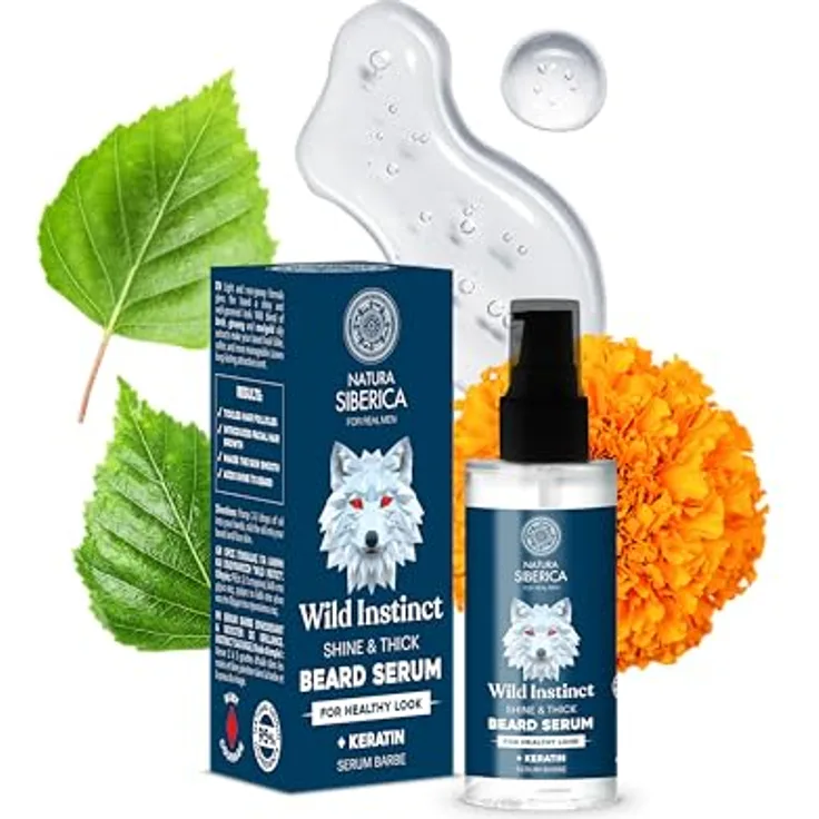 Natura Siberica Men Wild Instinct. Shine & Thick Beard Serum, für gepflegten Look, 50 ml, mit Birken-, Ginseng- und Ringelblumenextrakten