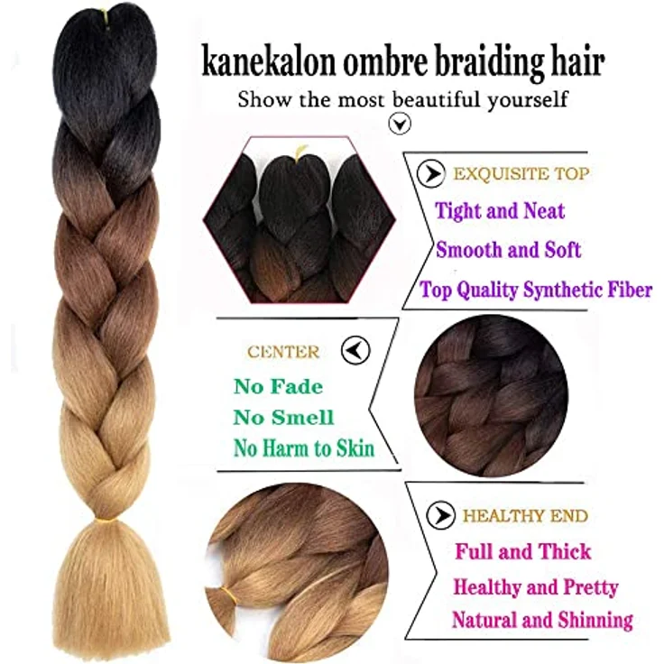 Shangxiu Jumbo Braids 24 Zoll, Ombre Braun Kanekalon Braiding Haare, 6 Packungen Knotless Yaki Zöpfe für Haarverlängerungen – Bild 2