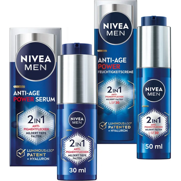 Nivea Men Anti-Age 2in1 Power Set, Gesichtspflege-Set mit Serum (30ml) und Feuchtigkeitscreme (50ml), LSF30, Hyaluron und LUMINOUS630® zur Milderung von Pigmentflecken und Falten