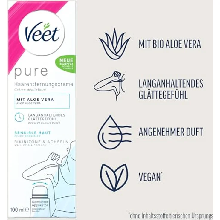 Veet Pure Haarentfernungscreme für Bikinizone & Achseln – Enthaarungscreme für sensible Haut mit Bio Aloe-Vera, vegan, 100 ml Tube mit gewölbtem Applikator & Spatel – Bild 2