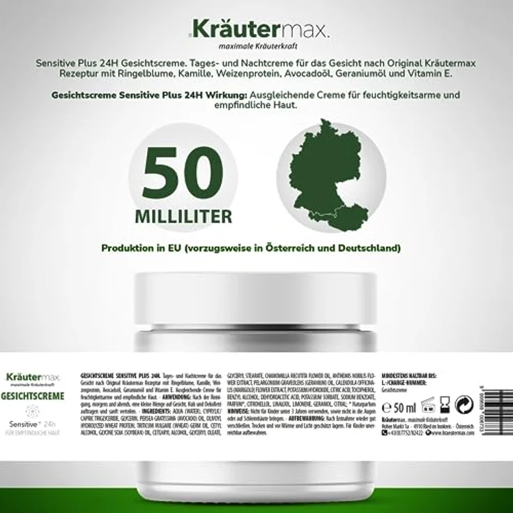 Kräutermax Sensitive Gesichtscreme, Feuchtigkeitsspendende Tages- & Nachtcreme mit Ringelblume, Kamille und Vitamin E, 50 ml – Bild 2