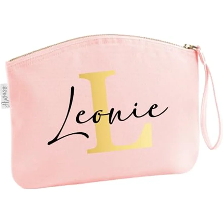 minimutz Schminktasche M, personalisierte Kosmetiktasche für Mädchen in Rosa mit Name und Initiale, 19 x 17 cm, hochwertiger Flexdruck aus 100% Baumwolle – Bild 1