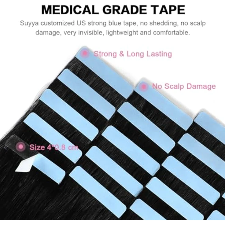 SUYYA Tape Extensions Echthaar, Invisible Tape in Extensions, seidig glatt, Remy Haarverlängerungen, 22 Zoll, 20 Stück, 50G, #1 Tief Schwarz – Bild 3