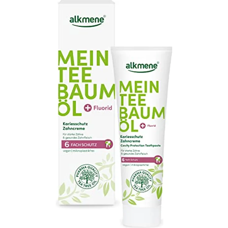 alkmene Mein Teebaumöl Kariesschutz Zahncreme 100 ml mit 6fach Schutz - naturreines Teebaumöl, vegan & klimaneutral - Fluorid Zahnpasta für starke Zähne & gesundes Zahnfleisch - Toothpaste