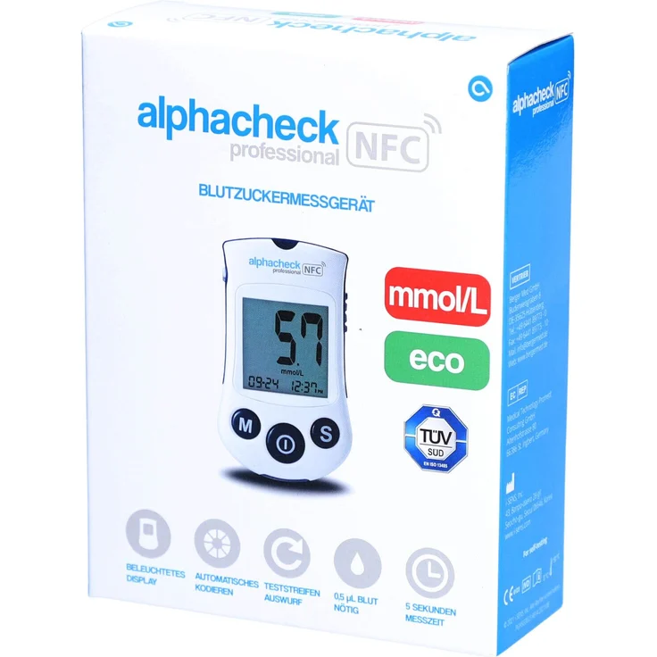 Alphacheck Blutzuckermessgerät professional, präzise Messung in mmol/l für insulinpflichtige Diabetiker, mit NFC und USB-Anschluss