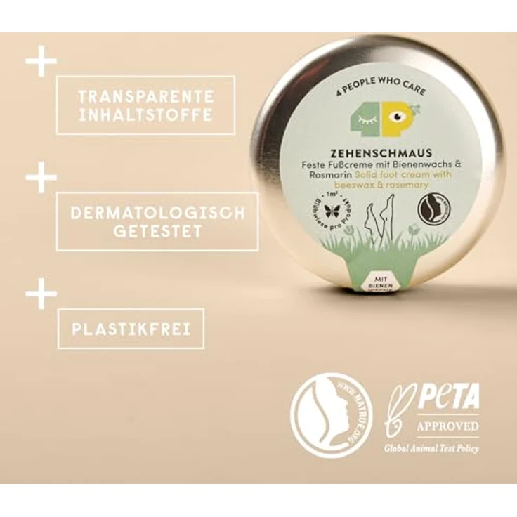 4people Feste BIO Fußcreme 40g · Fußbutter mit Bienenwachs und Sheabutter · Reichhaltige Fusscreme für sehr trockene Füsse · Schrundensalbe für Füße mit frischem Duft · Vegan, Bio, Fest · 4 people who care – Bild 5