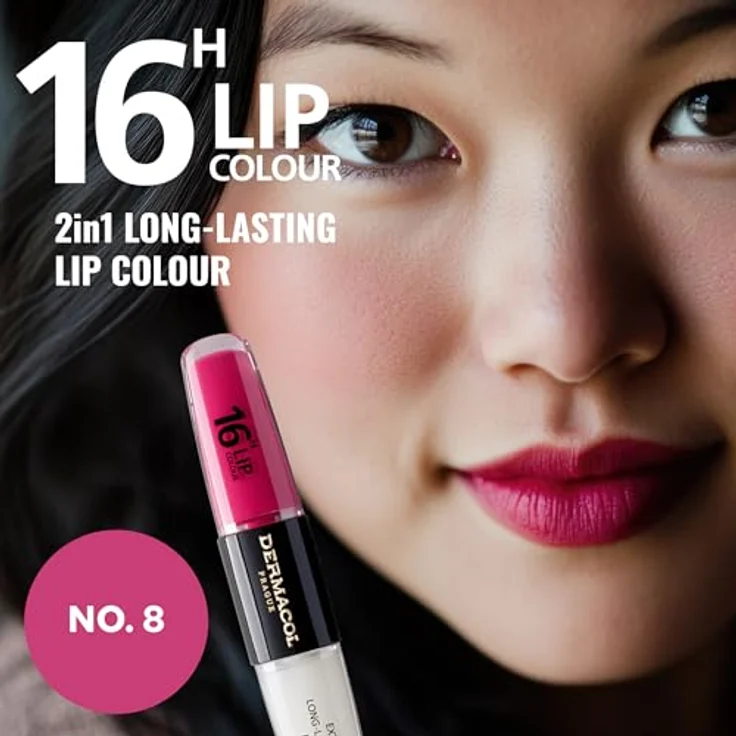 Dermacol 16H Lip Colour, langlebiger, glänzender Lippenstift, Farbton 08 Pink Tastic, 2x4 ml, hohe Pigmentierung, feuchtigkeitsspendend – Bild 4