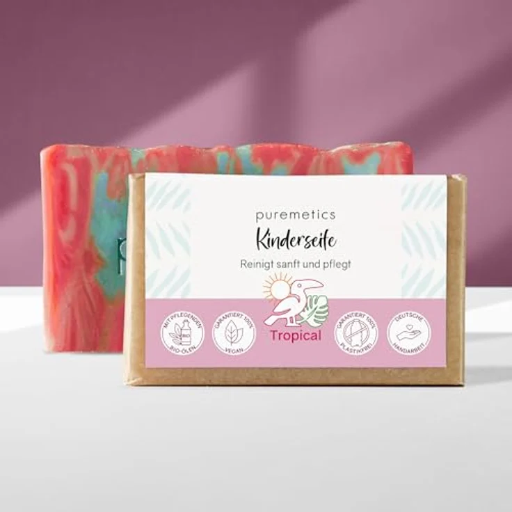puremetics Natur-Seifen Kinderseife Tropical, antibakterielle Handseife mit Jojobaöl und Sheabutter, 75 g – Bild 2