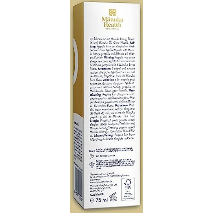 Manuka Health - Manuka Honig Zahncreme mit MGO 400+, Propolis und Manuka Öl ohne Fluorid, Natürlicher Minzgeschmack, Ohne Titandioxid, Ohne Schäumungsmittel (SLS), 1er Pack (1x 75ml) – Bild 5
