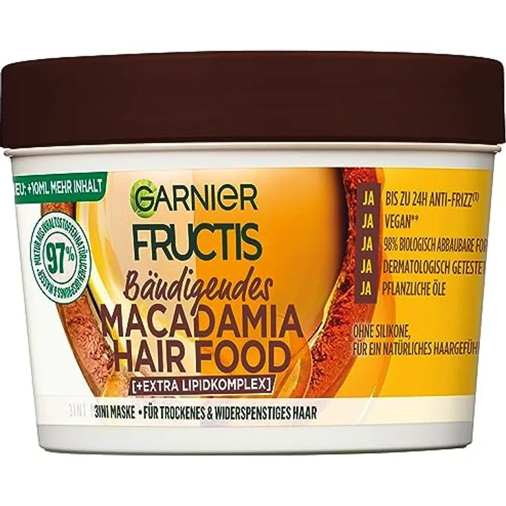 Garnier Macadamia 3in1 Haarmaske für trockenes und widerspenstiges Haar, Leave In für ein natürlich sanftes Haargefühl, Vegane Formel mit natürlichen Inhaltsstoffen, Fructis Hair Food, 1 x 400 ml