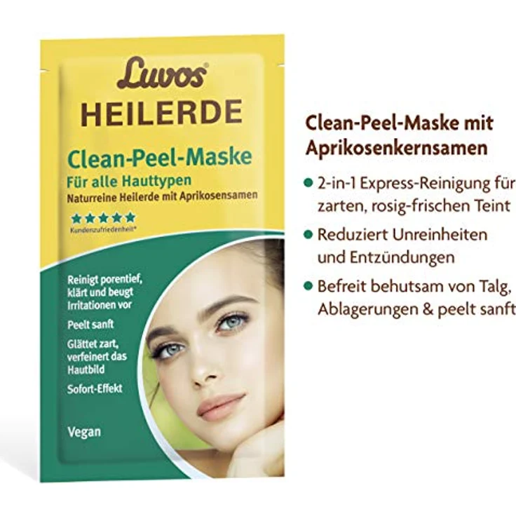 Luvos Heilerde Clean-Peel-Maske, 2-in-1 Pflege mit Aprikosensamen, 2 x 7,5 ml, für jeden Hauttyp, vegan, tierversuchsfrei – Bild 2