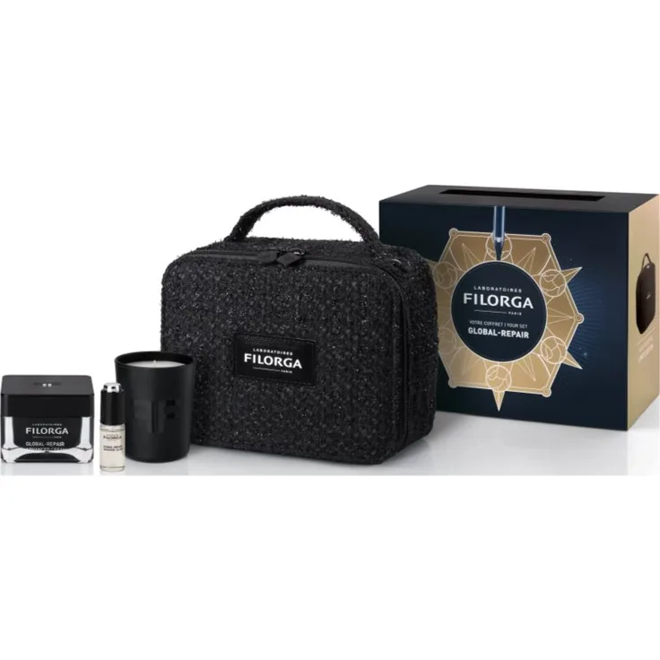 FILORGA GIFTSET GLOBAL-REPAIR, Geschenkset mit Anti-Aging Gesichtscreme (50 ml) und Serum (5 ml), inklusive Kosmetiktasche und Duftkerze, groß