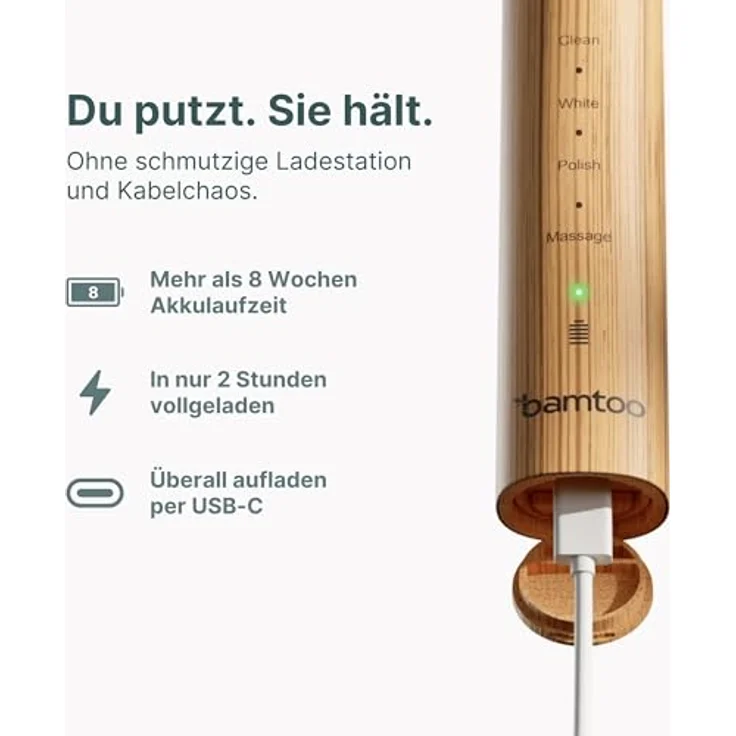 bamtoo Schallzahnbürste KOA V2 Pro, elektrische Zahnbürste mit 8 Wochen Akkulaufzeit, 5 Reinigungsmodi, Bambus-Bürstenkopf und Reiseetui – Bild 8