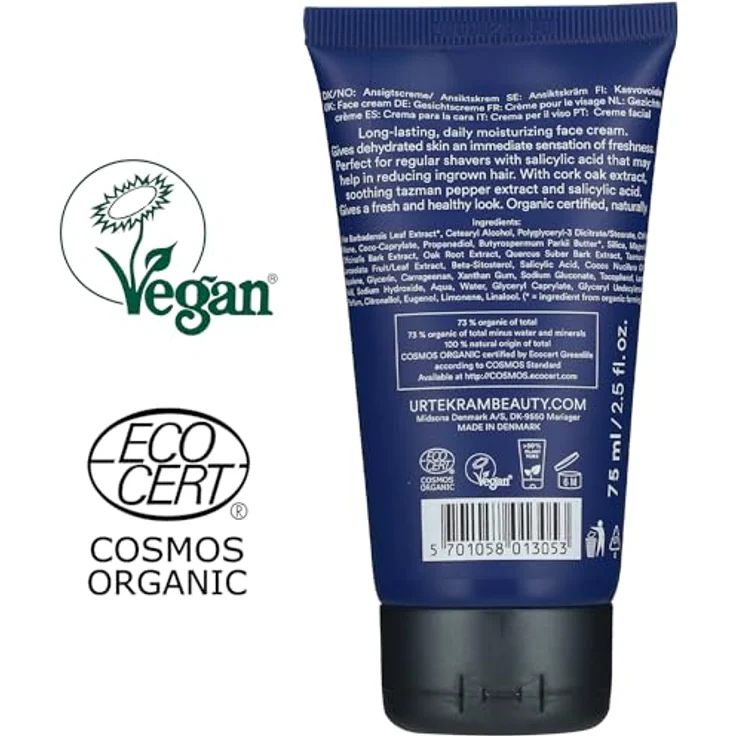 Urtekram Men's Gesichtscreme, mit Korkeichenextrakt, langanhaltende Hydration für sensible Haut, 75 ml, vegan, Bio, natürlicher Ursprung – Bild 2